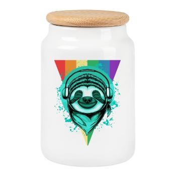 Sloth with headphones & rainbow - Cookie Jar with Wooden Lid - white - Front