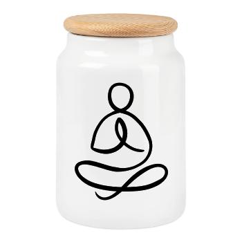 Meditating human, yogi, black line style - Cookie Jar with Wooden Lid - white - Front
