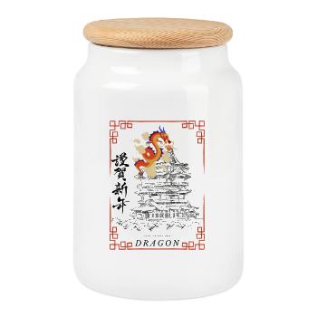 Chinesischer Drachen ART - Keksdose mit Holzdeckel - Weiß - Vorne