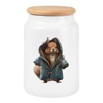 Design with a squirrel wearing a jacket - Cookie Jar with Wooden Lid - white - Front