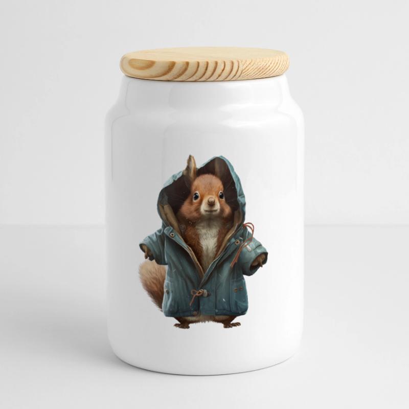 Design mit einem Eichhörnchen was eine Jacke trägt Keksdose mit Holzdeckel