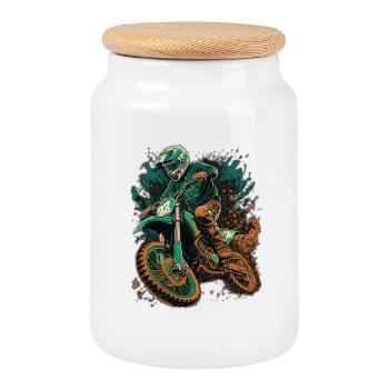 Motocross Storm Green-Orange Splash - Cookie Jar with Wooden Lid - white - Front