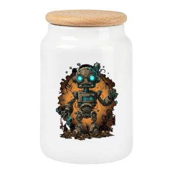 mignon petit robot - Boîte à biscuits avec couvercle en bois - blanc - Devant
