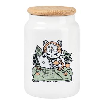 Tech Cat in Garden Armor - Cookie Jar with Wooden Lid - white - Front