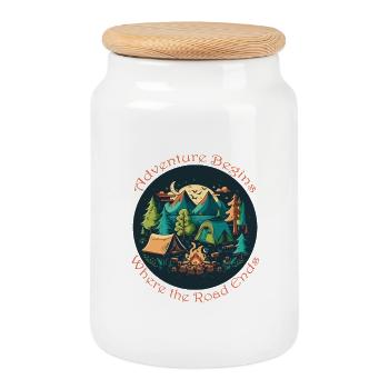 Adventure begins at the end of the path - Cookie Jar with Wooden Lid - white - Front