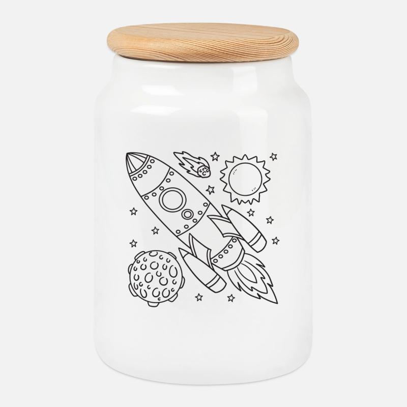 Rakete Weltraum Spaceship - Keksdose mit Holzdeckel - Weiß