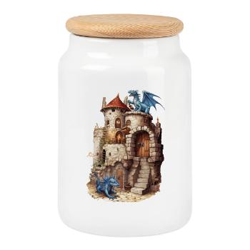 Drachenburg Blaue Drachen Medieval Fantasy Shirt - Keksdose mit Holzdeckel - Weiß - Vorne