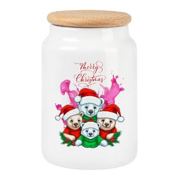 Conception de Noël festive de la famille de l’ours polaire - Boîte à biscuits avec couvercle en bois - blanc - Devant