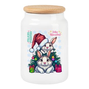 Festive Easter Bunnies with Christmas Hat - Cookie Jar with Wooden Lid - white - Front