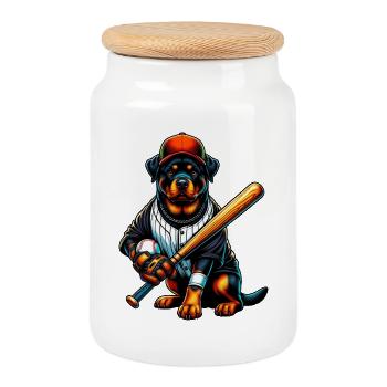 Chien de baseball Rottweiler - Boîte à biscuits avec couvercle en bois - blanc - Devant