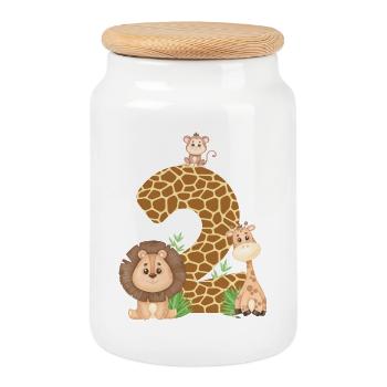 2e anniversaire : Animaux de la jungle : girafe, lion, singe - Boîte à biscuits avec couvercle en bois - blanc - Devant