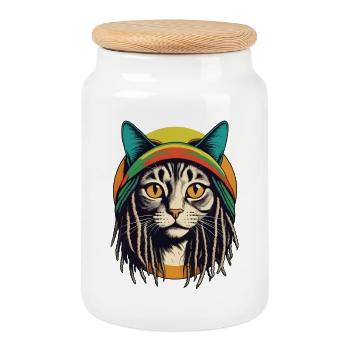 Coole Rasta-Katze - Keksdose mit Holzdeckel - Weiß - Vorne