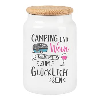 Camping und Wein Wohnwagen Camper Campingplatz - Keksdose mit Holzdeckel - Weiß - Vorne