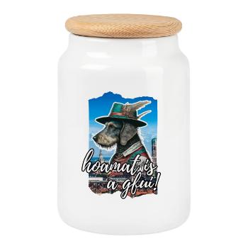 Chien Wanderlust avec costume traditionnel bavarois - Boîte à biscuits avec couvercle en bois - blanc - Devant