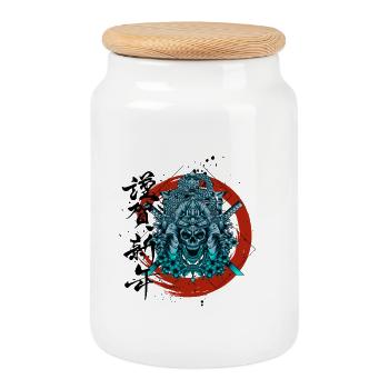 Samurai - Cookie Jar with Wooden Lid - white - Front