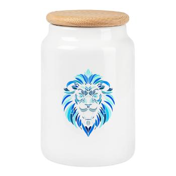 blue lion head, geometric patterns, polygons - Cookie Jar with Wooden Lid - white - Front
