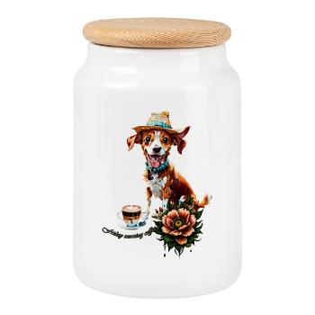 A happy cartoon dog wearing a hat - Cookie Jar with Wooden Lid - white - Front