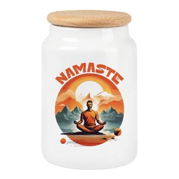 GELASSENHEIT INMITTEN VON GIPFELN: YOGA NAMASTE - Keksdose mit Holzdeckel - Weiß - Vorne