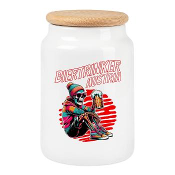 Beer Drinker Austria - Skeleton with Beer Austria - Cookie Jar with Wooden Lid - white - Front