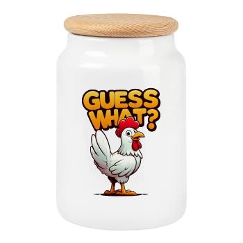 Lustiges Huhn, CHICKEN BUTT, RATET MAL? - Keksdose mit Holzdeckel - Weiß - Vorne