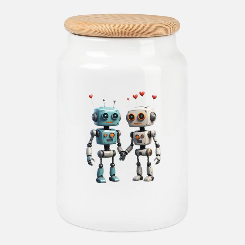 Roboter Pärchen - Keksdose mit Holzdeckel - Weiß