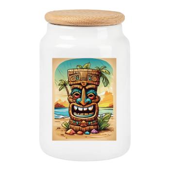 Dessin animé de la statue Tiki - Boîte à biscuits avec couvercle en bois - blanc - Devant