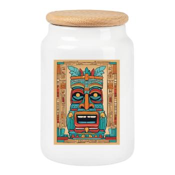 Tiki Maske farbenfroh - Keksdose mit Holzdeckel - Weiß - Vorne