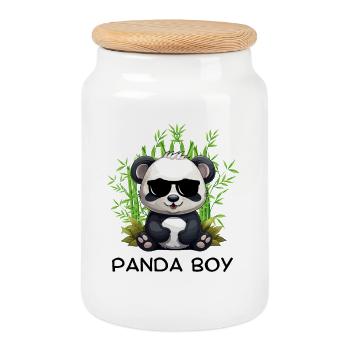 Panda Boy: Panda Design with Glasses - Cookie Jar with Wooden Lid - white - Front