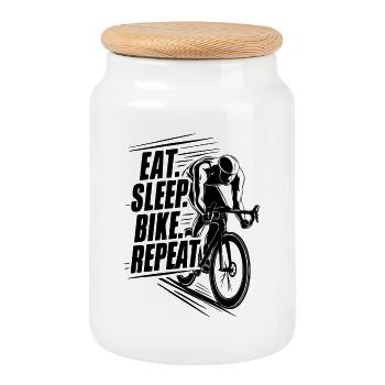 Cycliste en action Silhouette, manger dormir vélo répéter - Boîte à biscuits avec couvercle en bois - blanc - Devant