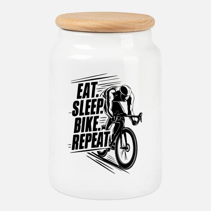 Cycliste en action Silhouette, manger dormir vélo répéter - Boîte à biscuits avec couvercle en bois - blanc