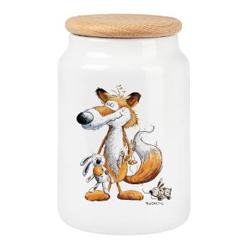 Renard avec lapin jouet et peluche - Boîte à biscuits avec couvercle en bois - blanc - Devant