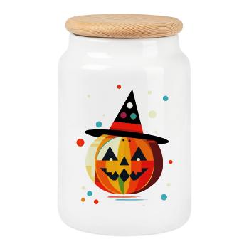 Halloween Kürbis in bunten Farben mit Hexenhut - Keksdose mit Holzdeckel - Weiß - Vorne