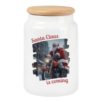 Santa Claus is coming - Weihnachtsmann Motorrad - Keksdose mit Holzdeckel - Weiß - Vorne
