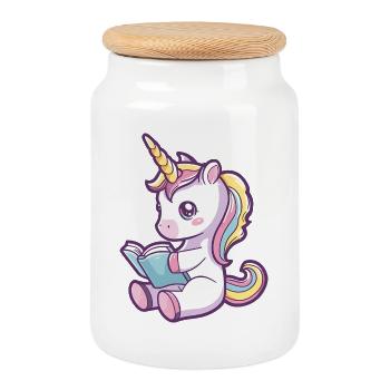 Niedliches Einhorn Cartoon liest ein Buch - Keksdose mit Holzdeckel - Weiß - Vorne