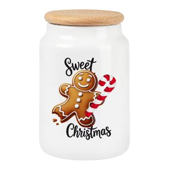 Joyeux bonhomme en pain d’épice avec canne à sucre - Boîte à biscuits avec couvercle en bois - blanc - Devant