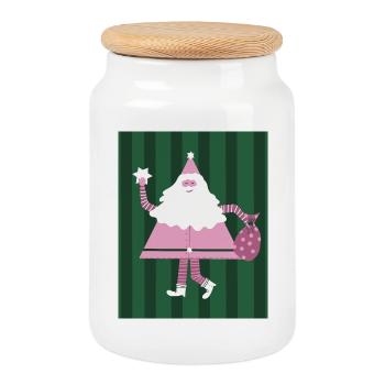 Père Noël dansant - Père Noël en rose - Boîte à biscuits avec couvercle en bois - blanc - Devant