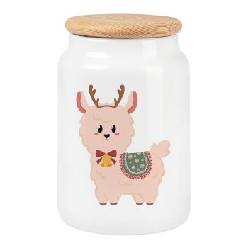 Mignon alpaga avec des cloches pour Noël - Boîte à biscuits avec couvercle en bois - blanc - Devant