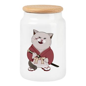 Süße mollige Samurai-Katze mit Katana - Keksdose mit Holzdeckel - Weiß - Vorne