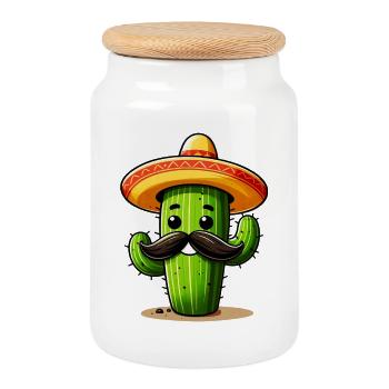 Cactus - Cookie Jar with Wooden Lid - white - Front