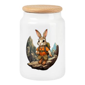 Lapin Alpiniste / Lapin de randonnée - Boîte à biscuits avec couvercle en bois - blanc - Devant
