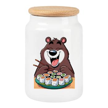 Sushi Bear Happy Maki Cartoon Gift - Boîte à biscuits avec couvercle en bois - blanc - Devant