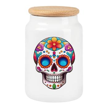 Vibrant Sugar Skull Floral Mexican - Cookie Jar with Wooden Lid - white - Front
