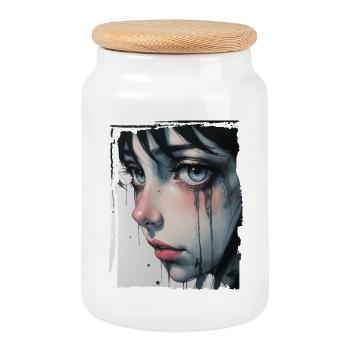 Anime Girl with Tears - Cookie Jar with Wooden Lid - white - Front