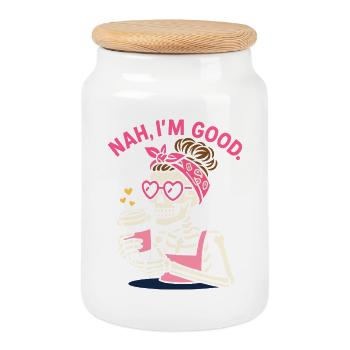 Pink Retro Skeleton with Coffee and Heart Shades - Cookie Jar with Wooden Lid - white - Front