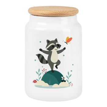Playful dancing raccoon with butterfly - Cookie Jar with Wooden Lid - white - Front