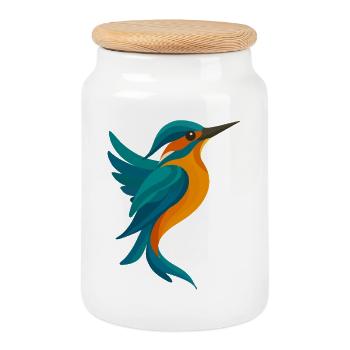 Stilisierter Eisvogel-elegante Form in Blau-Orange - Keksdose mit Holzdeckel - Weiß - Vorne
