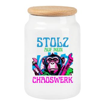Proud of my chaos – DIY Monkey - Cookie Jar with Wooden Lid - white - Front