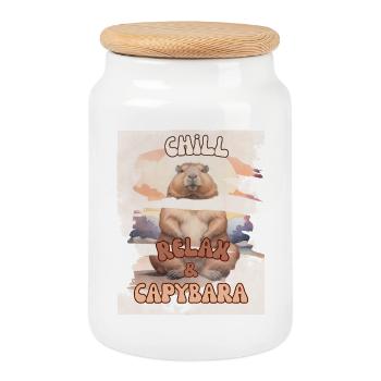 Chill Relax Capybara – Cute Calm Animal Design - Cookie Jar with Wooden Lid - white - Front