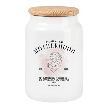 Motherhood EST 2025 – Gentle Parenting Design - Keksdose mit Holzdeckel - Weiß - Vorne