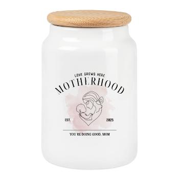 Motherhood EST 2025 – Gentle Parenting Design - Cookie Jar with Wooden Lid - white - Front
